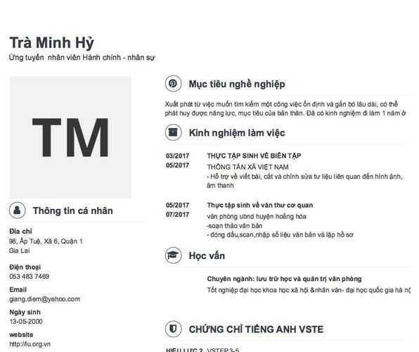 Mẫu CV Ứng tuyển  nhân viên Hành chính - nhân sự