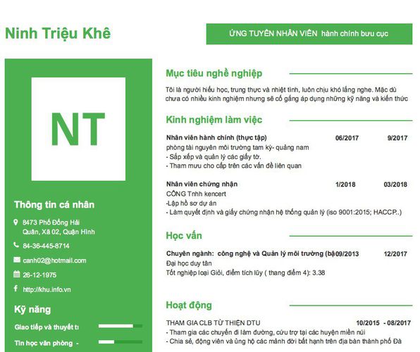Mẫu CV ỨNG TUYỂN NHÂN VIÊN  hành chính bưu cục