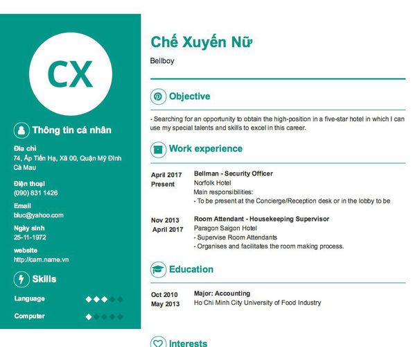 Gợi ý cách viết Mẫu CV tham khảo Bellboy