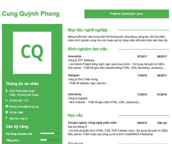 Gợi ý cách viết Mẫu CV tham khảo Fresher Developer Java