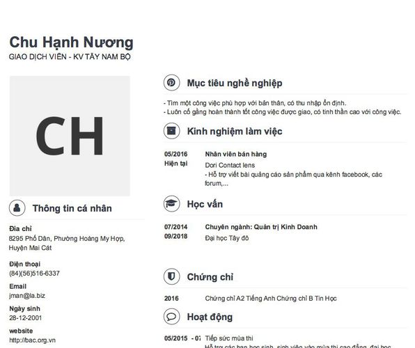 Mẫu CV GIAO DỊCH VIÊN - KV TÂY NAM BỘ