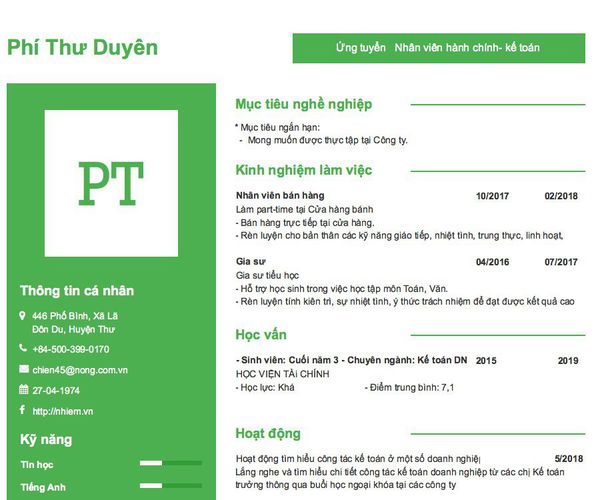 Mẫu CV Ứng tuyển   Nhân viên hành chính- kế toán