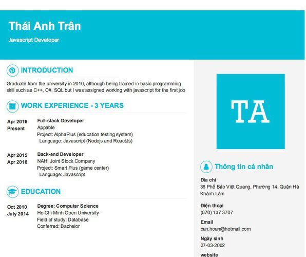 Gợi ý cách viết Mẫu CV tham khảo Javascript Developer