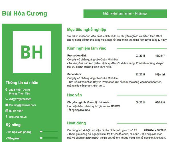 Mẫu CV Nhân viên hành chính - Nhân sự