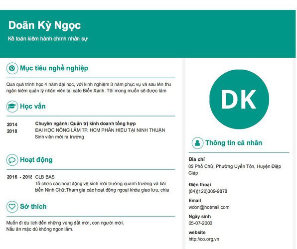 Mẫu CV Kế toán kiêm hành chính nhân sự