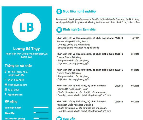 Gợi ý cách viết Mẫu CV tham khảo Nhân Viên Thời Vụ Bộ Phận Banquet Của Khách Sạn