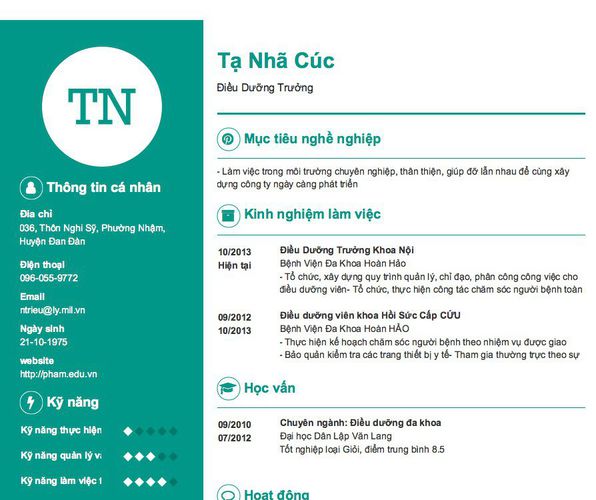 Gợi ý cách viết Mẫu CV tham khảo Điều Dưỡng Trưởng