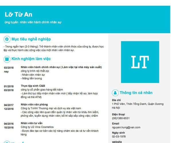 Mẫu CV ứng tuyển  nhân viên hành chính nhân sự