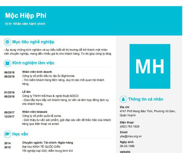Mẫu CV Vị trí  Nhân viên hành chính