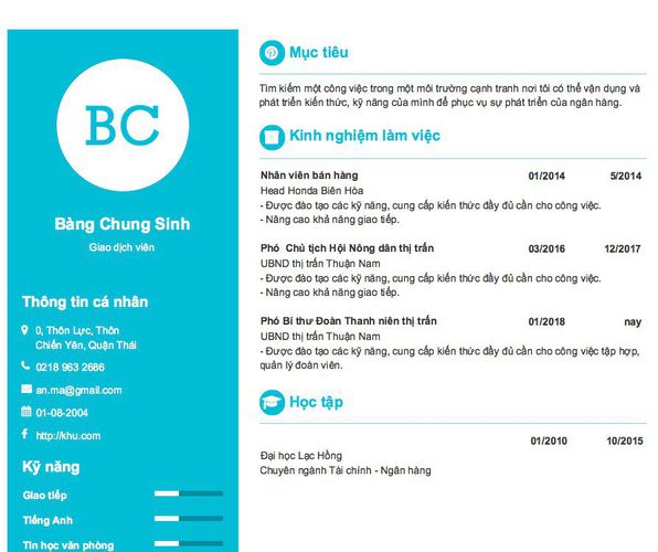 Mẫu CV Giao dịch viên