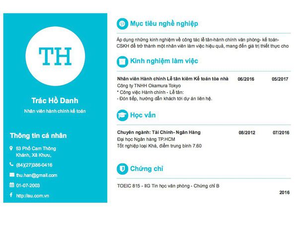 Mẫu CV Nhân viên hành chính kế toán