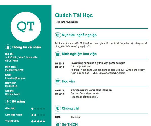 Mẫu CV INTERN ANDROID