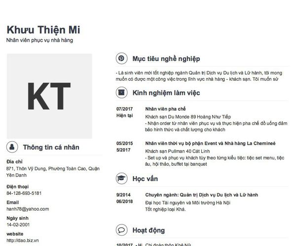 Gợi ý cách viết Mẫu CV tham khảo Nhân viên phục vụ nhà hàng