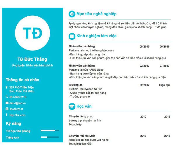 Mẫu CV Ứng tuyển  Nhân viên hành chính