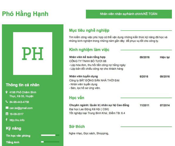 Mẫu CV Nhân viên nhân sự/hành chính/KẾ TOÁN