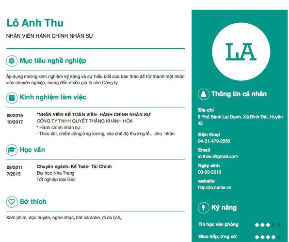 Mẫu CV NHÂN VIÊN HÀNH CHÍNH NHÂN SỰ