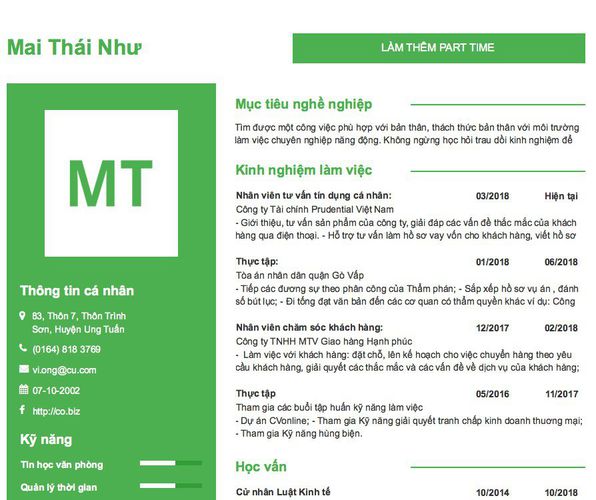 Gợi ý cách viết Mẫu CV tham khảo LÀM THÊM PART TIME