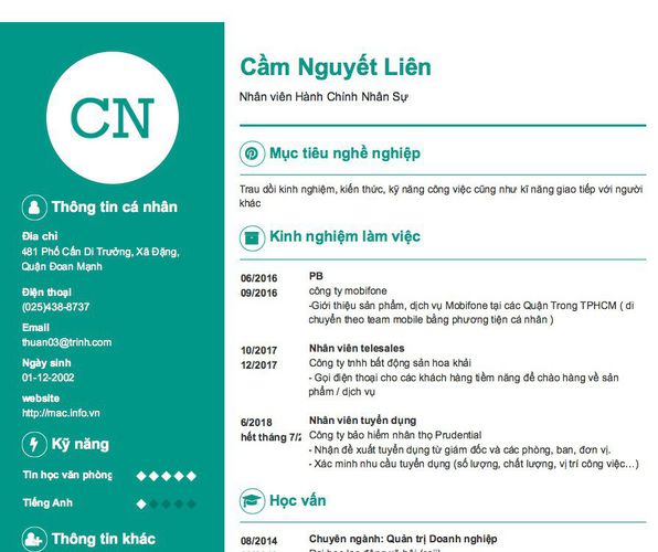 Mẫu CV Nhân viên Hành Chính Nhân Sự