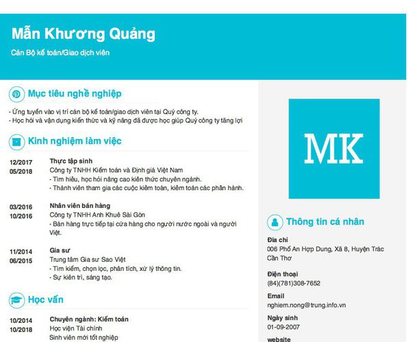 Mẫu CV Cán Bộ kế toán/Giao dịch viên