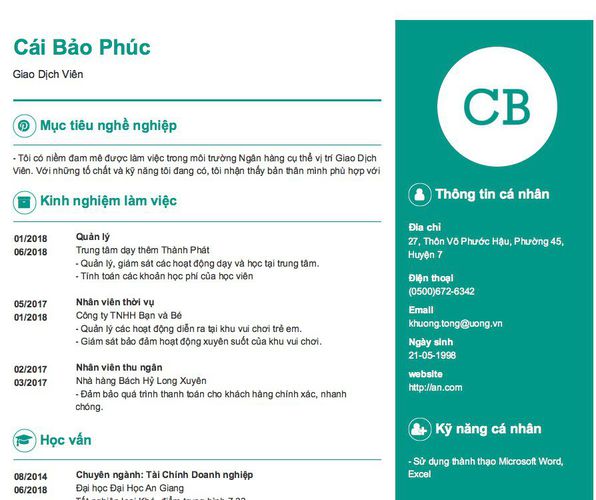 Mẫu CV Giao Dịch Viên