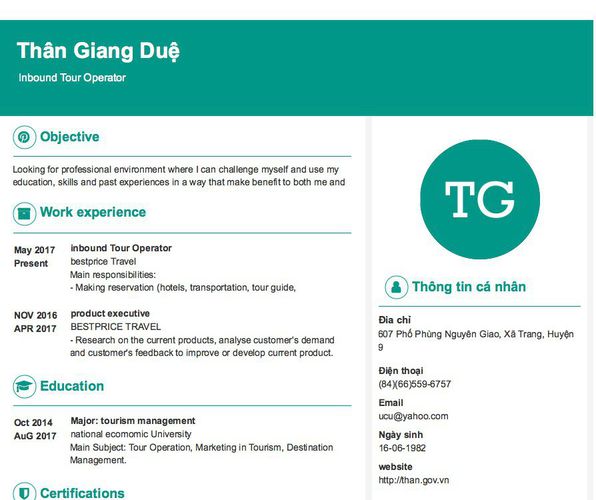 Gợi ý cách viết Mẫu CV tham khảo  Inbound Tour Operator