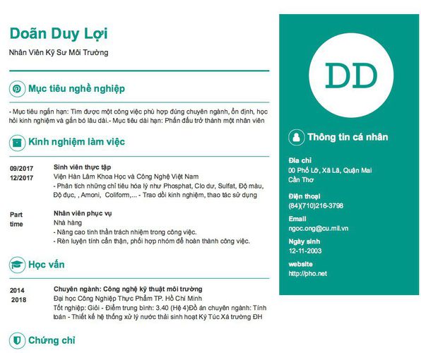 Gợi ý cách viết Mẫu CV tham khảo Nhân Viên Kỹ Sư Môi Trường