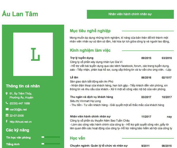 Mẫu CV Nhân viên hành chính nhân sự
