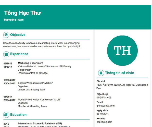 Gợi ý cách viết Mẫu CV tham khảo Marketing Intern