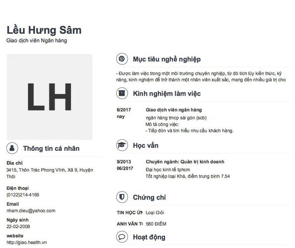 Mẫu CV Giao dịch viên Ngân hàng