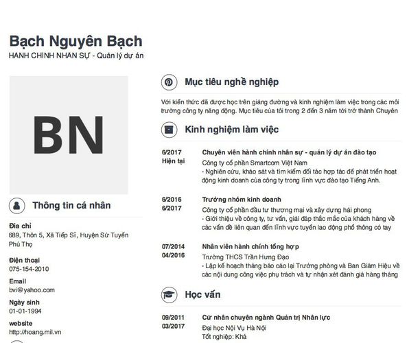 Mẫu CV HÀNH CHÍNH NHÂN SỰ - Quản lý dự án