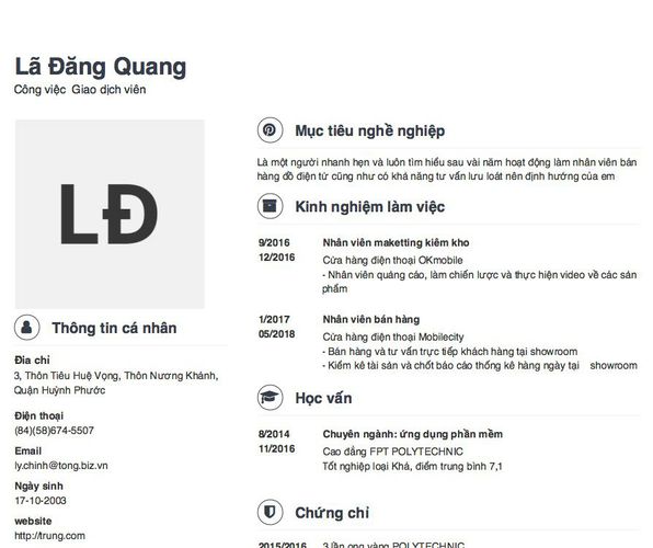 Mẫu CV Công việc  Giao dịch viên