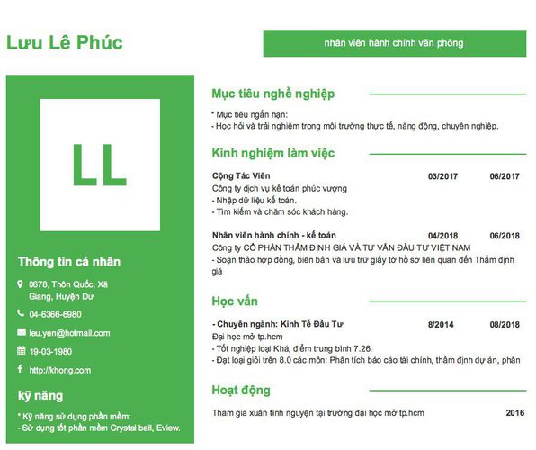 Mẫu CV nhân viên hành chính văn phòng