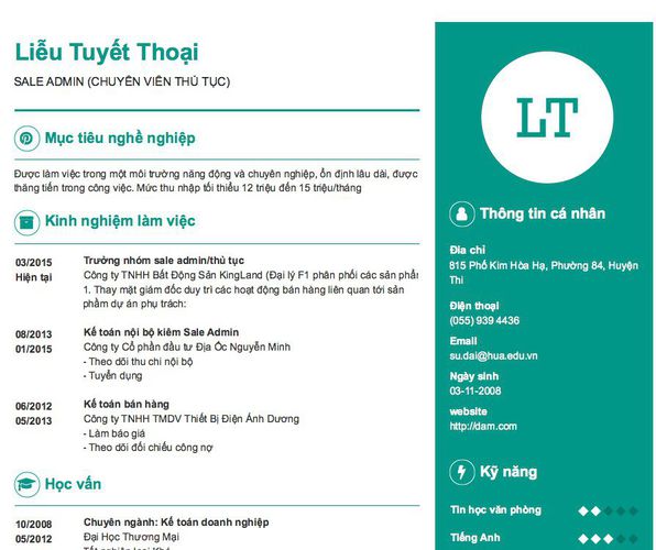 Gợi ý cách viết Mẫu CV tham khảo SALE ADMIN (CHUYÊN VIÊN THỦ TỤC)