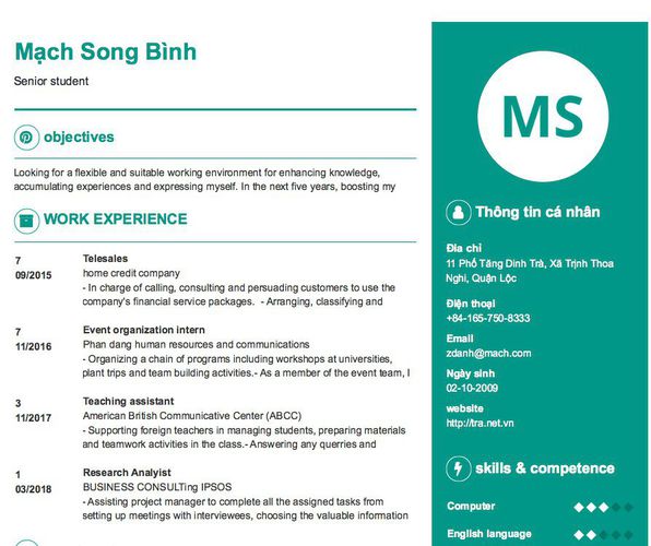 Gợi ý cách viết Mẫu CV tham khảo Senior student