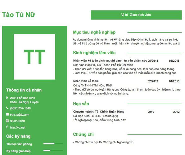 Mẫu CV Vị trí  Giao dịch viên