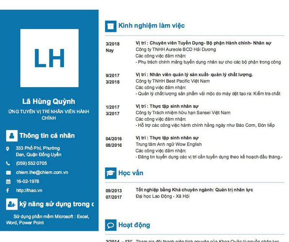 Mẫu CV ỨNG TUYỂN VỊ TRÍ NHÂN VIÊN HÀNH CHÍNH