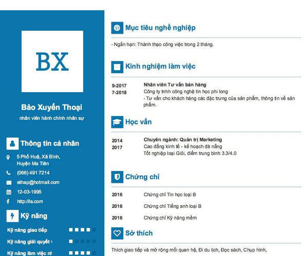 Mẫu CV nhân viên hành chính nhân sự