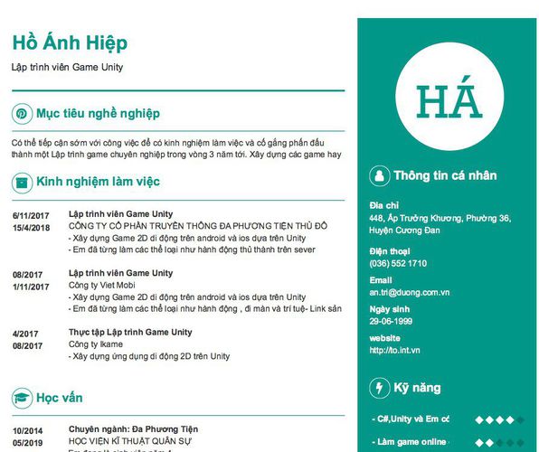 Gợi ý cách viết Mẫu CV tham khảo Lập trình viên Game Unity