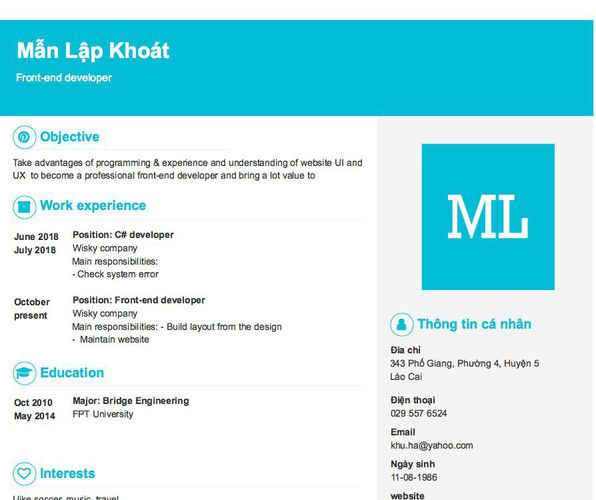 Gợi ý cách viết Mẫu CV tham khảo Front-end developer
