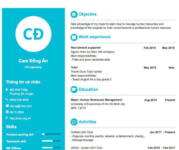 Gợi ý cách viết Mẫu CV tham khảo HR internship