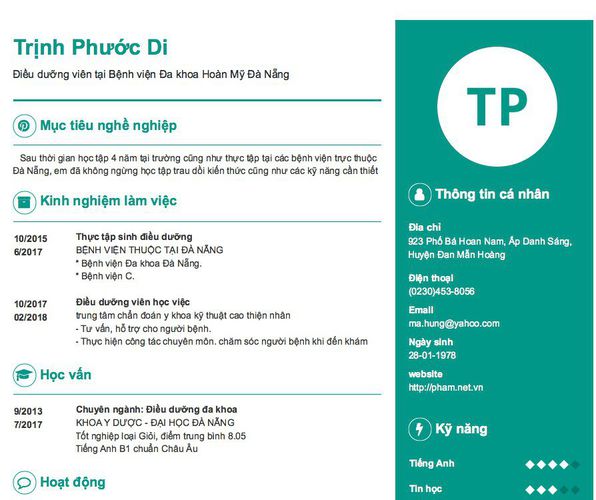 Gợi ý cách viết Mẫu CV tham khảo Điều dưỡng viên tại Bệnh viện Đa khoa Hoàn Mỹ Đà Nẵng