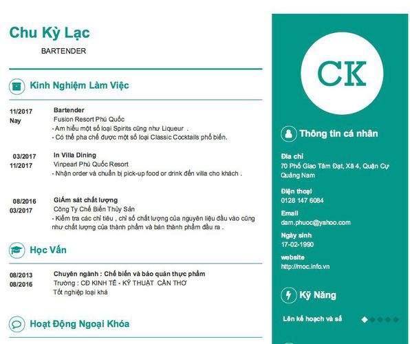 Gợi ý cách viết Mẫu CV tham khảo                 BARTENDER