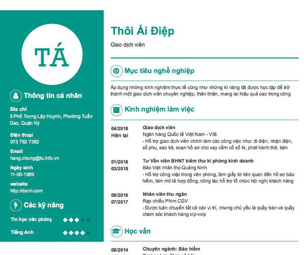 Mẫu CV Giao dịch viên