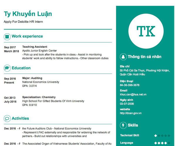 Gợi ý cách viết Mẫu CV tham khảo Apply For Deloitte HR Intern