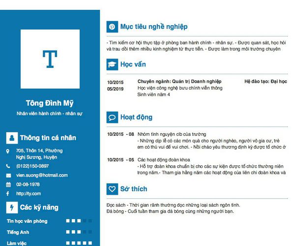 Mẫu CV Nhân viên hành chính - nhân sự