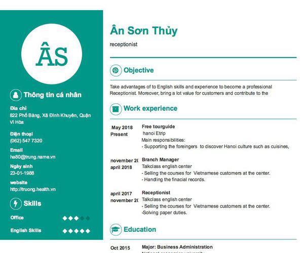 Gợi ý cách viết Mẫu CV tham khảo receptionist