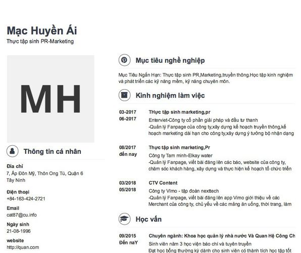 Gợi ý cách viết Mẫu CV tham khảo Thực tập sinh PR-Marketing
