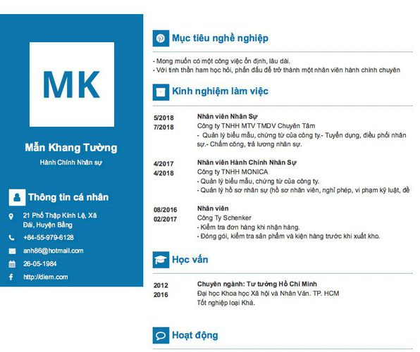 Mẫu CV Hành Chính Nhân sự