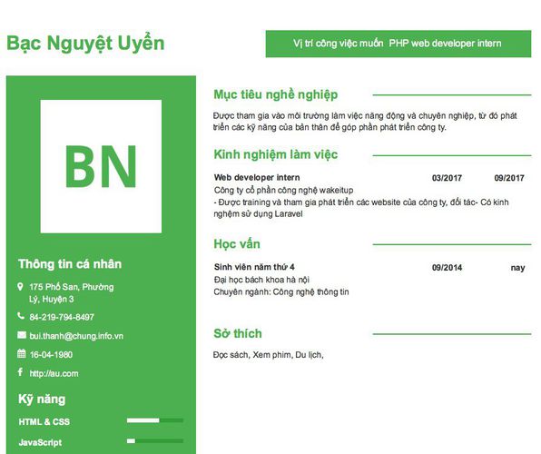 Gợi ý cách viết Mẫu CV tham khảo Vị trí công việc muốn  PHP web developer intern