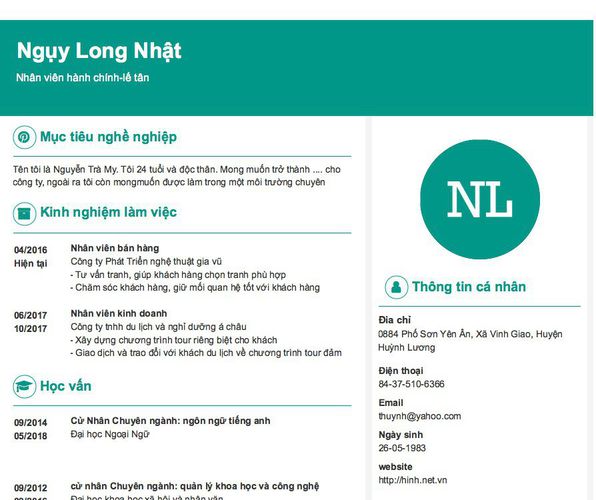 Mẫu CV Nhân viên hành chính-lế tân